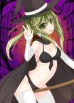  1girl alternate_costume alternate_hairstyle bikini black_bikini breasts broom broom_riding cape chimunge cleavage frog_hair_ornament gauntlets green_eyes green_hair hair_ornament halloween_costume hat hat_ribbon highres kochiya_sanae long_hair looking_at_viewer navel open_mouth ribbon smile solo swimsuit thighhighs touhou twintails v white_legwear witch_hat 