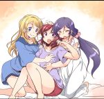  ajishio ayase_eli blonde_hair blue_eyes closed_eyes groping love_live!_school_idol_project nishikino_maki open_mouth purple_hair redhead toujou_nozomi violet_eyes 