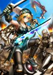  armor badge bald bandana belt blonde_hair blue_eyes breasts button_badge chain cleavage cyborg energy_weapon glasses gloves highres knife midriff missile original pantyhose ponytail shoes shorts sneakers spark621 sword weapon 