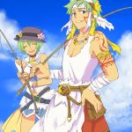  1boy 1girl :d ^_^ armlet ascot bandages belt blue_eyes brother_and_sister carlos_(rune_factory) choker closed_eyes clouds dot_nose feathers fingerless_gloves fingernails fishing_rod flower fur_trim gloves green_hair grin hair_between_eyes hairband hand_on_hip happy hat hat_flower headband ion_(rune_factory) jewelry looking_at_viewer miniskirt navel necklace omukb open_mouth rune_factory rune_factory_3 sailor_collar short_hair siblings skirt sky smile tan tank_top tattoo teeth very_short_hair 
