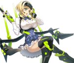  1girl blonde_hair blush breasts gloves green_eyes green_gloves gunslinger_stratos large_breasts long_sleeves lyusya ookuma_(nitroplus) open_mouth short_hair simple_background skirt solo thighhighs trigger_discipline weapon white_background 