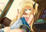  1girl blonde_hair blush gintarou_(kurousagi108) green_eyes long_hair looking_down original sewing sitting solo 