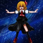  1girl blonde_hair fang flying hair_ribbon highres necktie night open_mouth outstretched_arms red_eyes ribbon rumia short_hair sky smile spread_arms star_(sky) starry_sky suikyou_(aqua_cities) touhou vest 