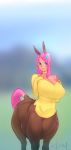  1girl animal_ears bare_shoulders blue_eyes breasts butterfly_hair_ornament centaur choker cleavage doxy extra_ears fluttershy hair_ornament highres horse_ears huge_breasts long_hair monster_girl my_little_pony my_little_pony_friendship_is_magic pink_hair solo sweater tail 