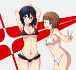  2girls adapted_costume arms_up bikini black_hair blush breasts brown_eyes kill_la_kill mankanshoku_mako matoi_ryuuko multicolored_hair multiple_girls navel redhead senketsu shian_(my_lonly_life.) short_hair smile swimsuit v wink 