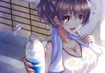  1girl bottle breasts brown_eyes brown_hair cleavage faucet foreshortening junnkinn large_breasts original ponytail smile solo sweat towel wet wet_clothes 