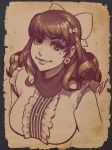  1girl bliss_barson bow breasts cryamore curly_hair earrings faux_traditional_media hair_bow jewelry large_breasts lips long_hair mole monochrome portrait robert_porter scarf sepia smile solo 