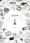  bag baguette banana bread cake cat coffee cookie doughnut food fruit furry highres long_skirt macaron monochrome notebook original pastry pie sandwich shopping_bag siamese_cat simple_background skirt strawberry taiyaki todomumeru translated wagashi walking white_background writing 