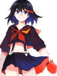  1girl artist_request black_hair blue_eyes drawr gloves kill_la_kill living_clothes matoi_ryuuko midriff navel school_uniform senketsu serafuku short_hair simple_background skirt smile suspenders white_background 