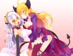 2girls arashiya blonde_hair braid breasts cleavage dress hairband horns lilith_(p&amp;d) long_hair multiple_girls open_mouth orange_eyes pointy_ears purple_dress puzzle_&amp;_dragons silver_hair tail valkyrie_(p&amp;d) yellow_eyes yuri 