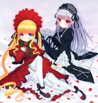  2girls blonde_hair blue_eyes flower gothic_lolita hairband hym9594 lolita_fashion lolita_hairband long_hair multiple_girls pantyhose petals rose rozen_maiden shinku silver_hair smile suigintou twintails violet_eyes white_legwear 