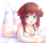  blush bra breasts brown_hair cleavage green_eyes hair_ribbon hirokawa_takemi komitsu long_hair lying on_stomach open_mouth panties power_pro_kun_pocket power_pro_kun_pocket_9 ribbon smile socks underwear 