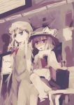  2girls arm_rest bag bench blonde_hair blue_eyes brown_hair crossed_legs_(sitting) dress fuukadia_(narcolepsy) hat hat_ribbon long_hair looking_at_another maribel_hearn mob_cap multiple_girls open_mouth red_eyes ribbon school_bag shadow short_hair side_glance sitting standing touhou usami_renko 