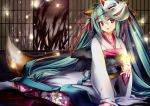  1girl animal_ears fox_ears fox_mask fox_tail hair_ribbon hatsune_miku itofuya japanese_clothes kimono long_hair mask ribbon solo tail twintails very_long_hair vocaloid 