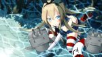  &gt;_&lt; 1girl :3 black_panties blonde_hair blue_eyes blush breasts hairband highres kantai_collection long_hair panties partially_submerged rensouhou-chan shimakaze_(kantai_collection) striped striped_legwear swimsuit thigh-highs underwear water ||_|| 