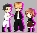  3boys armband black_hair brown_hair chibi crossdressinging dangan_ronpa fujisaki_chihiro green_eyes ishimaru_kiyotaka long_hair multiple_boys oowada_mondo red_eyes school_uniform short_hair trap uniform 