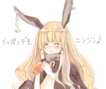 1girl animal_ears blonde_hair blush carrot closed_eyes eating long_hair monorino simple_background smile solo translation_request very_long_hair white_background 