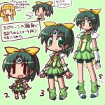  2girls alternate_costume bike_shorts boots cure_march dress earrings green_background green_bike_shorts green_dress green_eyes green_hair hair_ornament hair_ribbon ikkyuu jewelry kise_yayoi midorikawa_nao multiple_girls multiple_persona open_mouth precure ribbon serious shorts shorts_under_skirt simple_background skirt smile smile_precure! translation_request wrist_cuffs 