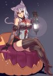  1girl :o animal_ears bare_shoulders black_gloves blush boots breasts cat_ears cat_tail cleavage crossed_legs detached_collar detached_sleeves elbow_gloves gloves highres houtengeki lantern large_breasts looking_at_viewer original silver_hair sitting striped striped_legwear tail thigh_boots thighhighs vertical-striped_legwear vertical_stripes yellow_eyes 