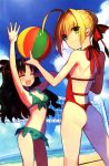  2girls :d absurdres ahoge armpits arms_up ass ball bare_shoulders beach beachball bikini black_hair blonde_hair blue_sky breasts cleavage fate/extra_ccc fate_(series) green_bikini green_eyes hair_bun hair_ribbon highres light_smile long_hair looking_back multiple_girls navel nero_claudius_(fate) one-piece_swimsuit open_mouth red_swimsuit ribbon saber_extra scan short_hair sky smile swimsuit t-back tohsaka_rin toosaka_rin two_side_up volleyball_net wada_aruko 