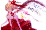  1girl alternate_costume blonde_hair blush breasts crying disintegration dress earrings elbow_gloves flandre_scarlet gloves glowing hair_ribbon highres jewelry light_smile looking_at_viewer necklace older otsunabe puffy_short_sleeves puffy_sleeves red_dress red_eyes ribbon shards short_hair short_sleeves side_ponytail simple_background skirt_hold slit_pupils solo streaming_tears tears touhou white_background wings 
