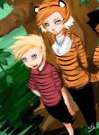  2boys animal_ears blonde_hair blue_eyes calvin calvin_&amp;_hobbes hand_on_hip highres hobbes hoodie lokiescape multiple_boys open_mouth personification shirt short_hair shorts smile spiky_hair striped striped_shirt tail tiger tiger_ears tiger_print tiger_tail tree 