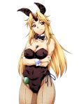  1girl alternate_costume animal_ears bare_shoulders between_breasts blonde_hair blush bowtie breasts bunnysuit cleavage detached_collar fishnet_pantyhose fishnets horn hoshiguma_yuugi large_breasts lighter long_hair ootsuki_wataru pantyhose pointy_ears rabbit_ears red_eyes simple_background smile solo touhou white_background 