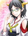  1girl adjusting_glasses black_hair blue_eyes blush breasts detached_sleeves glasses green-framed_glasses hairband japanese_clothes kantai_collection kirishima_(kantai_collection) nontraditional_miko personification semi-rimless_glasses short_hair smile 
