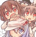  4girls akatsuki_(kantai_collection) black_hair blue_eyes blue_hair blush brown_hair fang hair_ornament hairclip half_updo hands_on_another&#039;s_head hat hibiki_(kantai_collection) hikawa_shou ikazuchi_(kantai_collection) inazuma_(kantai_collection) kantai_collection looking_at_viewer multiple_girls open_mouth personification red_eyes sketch sweat verniy_(kantai_collection) wink 