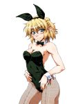  1girl alternate_costume animal_ears bare_shoulders between_breasts blonde_hair blush bowtie breasts bunny_tail bunnysuit cleavage detached_collar fishnet_pantyhose fishnets green_eyes large_breasts lighter mizuhashi_parsee ootsuki_wataru pantyhose pointy_ears rabbit_ears short_hair simple_background solo tail touhou white_background 