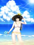  1girl beach bikini black_hair hat highres long_hair navel neko_mofumofu ocean sky solo swimsuit water water_gun yellow_eyes 