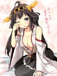  1girl ahoge blue_eyes blush breasts brown_hair detached_sleeves gin&#039;ichi_(akacia) hairband headgear highres japanese_clothes kantai_collection kongou_(kantai_collection) long_hair open_mouth personification solo translated wink 