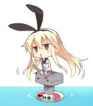  1girl =_= black_eyes blonde_hair blush_stickers bow chibi floating gia_kon hair_bow kantai_collection open_mouth personification pointing rensouhou-chan sailor_collar shimakaze_(kantai_collection) sitting sitting_on_head sitting_on_object sitting_on_person striped striped_legwear thighhighs thong translation_request water white_background 