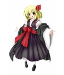  1girl alternate_costume blonde_hair blush detached_sleeves hair_ribbon nanpuu open_mouth outstretched_arms red_eyes ribbon rumia short_hair simple_background smile spread_arms touhou white_background wide_sleeves 