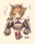  1girl brown_hair chibi green_eyes kantai_collection looking_at_viewer midriff mutsu_(kantai_collection) personification pleated_skirt red_legwear shinonome_moegi short_hair skirt solo thighhighs 