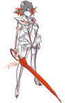  1girl breasts hair_over_one_eye highlights horns kill_la_kill living_clothes matoi_ryuuko multicolored_hair robert_porter senketsu short_hair solo spot_color suspenders sword thigh-highs under_boob weapon 