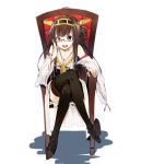  1girl adjusting_glasses ahoge bare_shoulders boots brown_hair detached_sleeves double_bun glasses hair_ornament hairband headgear highres japanese_clothes kantai_collection kongou_(kantai_collection) long_hair looking_at_viewer merumayu personification skirt solo thigh_boots thighhighs violet_eyes white_background wide_sleeves 