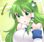  1girl bare_shoulders blush breasts commentary_request detached_sleeves frog_hair_ornament green_eyes green_hair hair_ornament hammer_(sunset_beach) kochiya_sanae large_breasts long_hair open_mouth snake_hair_ornament solo touhou 