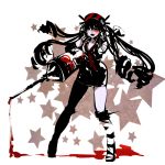  1girl al_bhed_eyes artist_request bandages black_hair blood blush drill_hair fangs glowing glowing_eyes hat highres long_hair miniskirt monochrome necktie needle nurse nurse_cap original red_eyes skirt star very_long_hair 