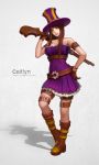  1girl alternate_costume arm_strap bare_shoulders boots brown_eyes brown_hair caitlyn_(league_of_legends) character_name choker dress fingerless_gloves freeinni gloves gun hand_on_hip hat league_of_legends lips lipstick long_hair makeup nose over_shoulder rifle solo strapless_dress thigh_strap top_hat watch watch weapon weapon_over_shoulder 