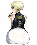  1girl ass bare_shoulders blonde_hair character_request don_(don_0608) god_eater god_eater_2 highres huge_ass light_smile looking_at_viewer looking_back pantylines pen short_hair simple_background sitting solo white_background 