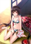  1girl bare_shoulders barefoot bikini black_hair blush breasts character_request cleavage copyright_request fan food fruit fukahire_sanba long_hair looking_at_viewer navel paper_fan red_eyes sitting solo sweat swimsuit twintails uchiwa very_long_hair watermelon yokozuwari 