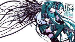  1girl angel_wings aqua_eyes aqua_hair detached_sleeves guitar hatsune_miku headphones headset highres instrument long_hair mechanical_wings necktie simple_background skirt smile solo thighhighs torigoe_takumi transparent_background twintails very_long_hair vocaloid wings zettai_ryouiki 