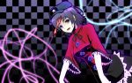  1girl bags_under_eyes black_hair checkered checkered_background chinese_clothes dutch_angle gayprince grey_eyes hat highres jiangshi miyako_yoshika ofuda open_mouth outstretched_arms pale_skin short_hair solo star touhou zombie_pose 