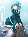  1girl animal_ears blue_eyes blue_hair head_fins highres japanese_clothes karaage_(ta-na) kimono long_sleeves mermaid monster_girl obi short_hair smile solo touhou wakasagihime wide_sleeves wink 