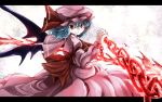  1girl ascot bat_wings blue_hair bow chain gradient gradient_background hat hat_ribbon juliet_sleeves letterboxed long_sleeves looking_at_viewer mob_cap puffy_sleeves red_eyes remilia_scarlet ribbon short_hair skirt skirt_set smile solo spear_the_gungnir touhou waira wings 