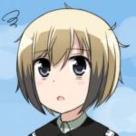  1girl bags_under_eyes blonde_hair blue_eyes brown_hair erica_hartmann icon lowres messy_hair micmcos military military_uniform multicolored_hair open_mouth short_hair solo squiggle strike_witches uniform 