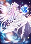  1girl bow dress earth gloves goddess_madoka hair_bow kaname_madoka long_hair mahou_shoujo_madoka_magica pink_hair ribbon smile solo space spoilers thighhighs twintails wataame27 white_gloves winged_shoes wings yellow_eyes 