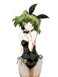  1girl alternate_costume animal_ears bare_shoulders blush bowtie breasts bunnysuit cleavage detached_collar fishnet_pantyhose fishnets green_eyes green_hair hair_bobbles hair_ornament kisume ootsuki_wataru pantyhose rabbit_ears short_hair simple_background solo touhou white_background 