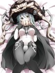  1girl absurdres black_gloves blush bodysuit breasts cape gloves green_eyes highres kantai_collection large_breasts looking_at_viewer lying monster on_back open_mouth pale_skin personification shinkaisei-kan silver_hair solo wakagi_repa wo-class_aircraft_carrier 